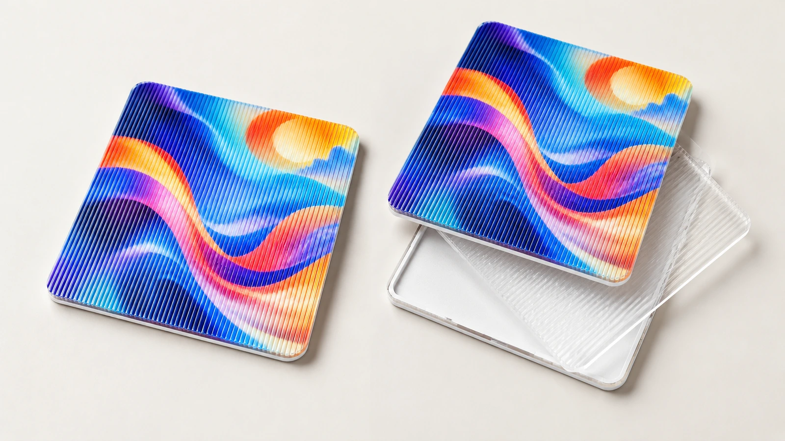 Duas amostras lenticulares quadradas com arte de ondas coloridas, uma apoiada sobre uma camada transparente estriada