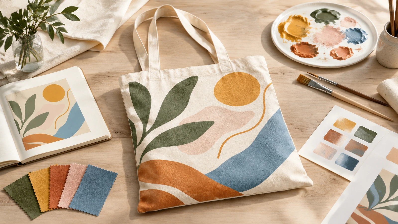 Sacola de algodão estampada com arte de folhas e formas abstratas ao lado de tinta, amostras de cor e um caderno de desenho aberto
