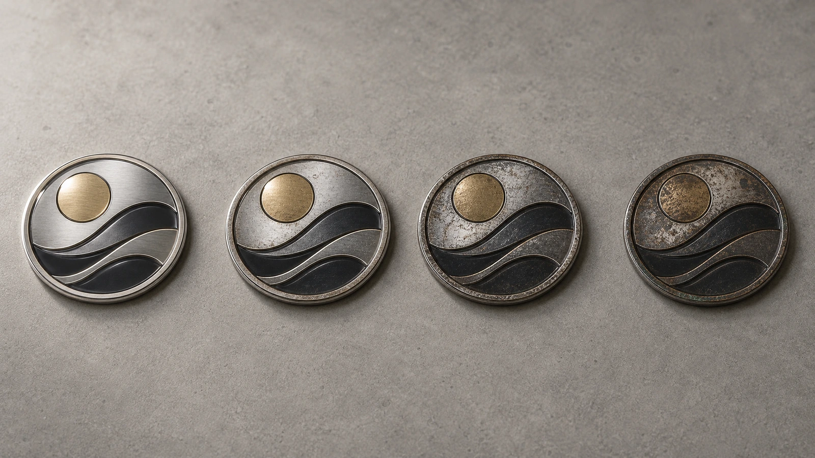 Quatro emblemas redondos com ondas, com aparências de superfície progressivamente mais escuras e manchadas