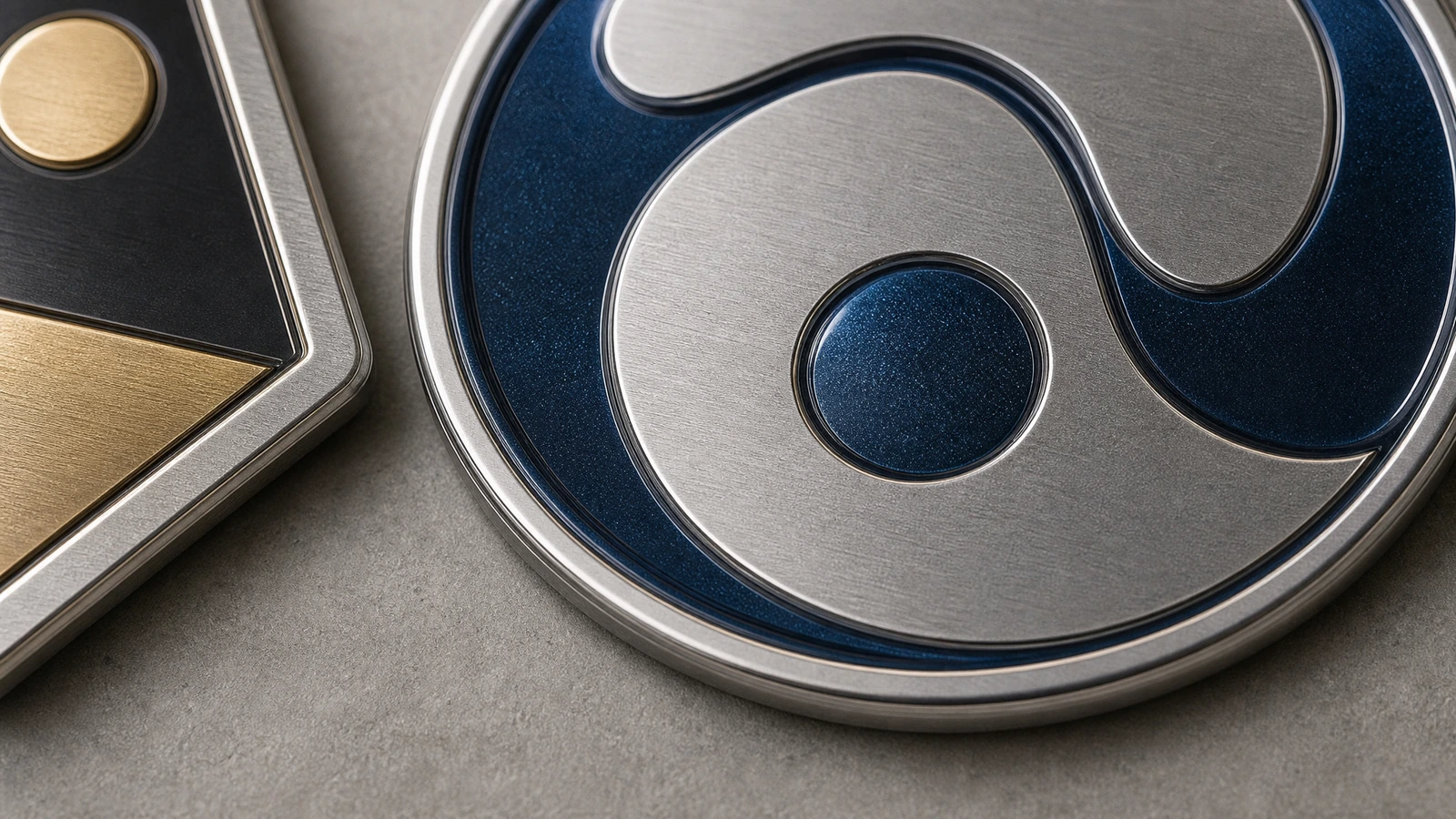 Close-up de um emblema redondo em espiral prata e azul ao lado de parte de um desenho geométrico preto e dourado