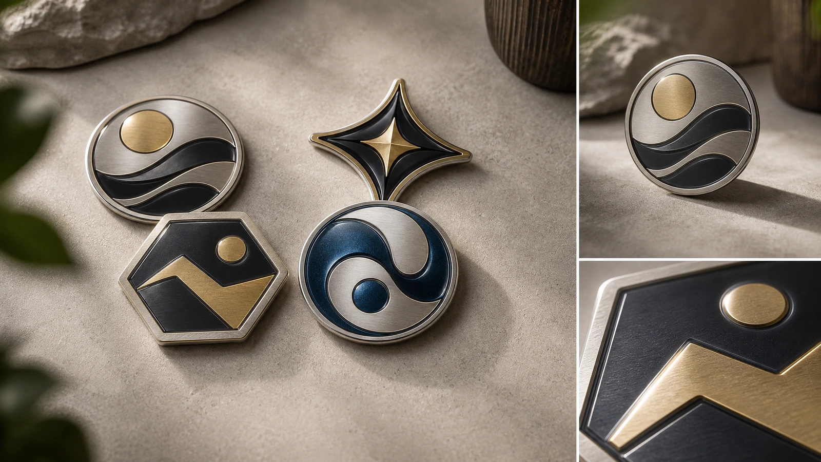 Colagem de desenhos de emblemas redondos, hexagonais e de quatro pontas, com vistas de detalhe em close-up