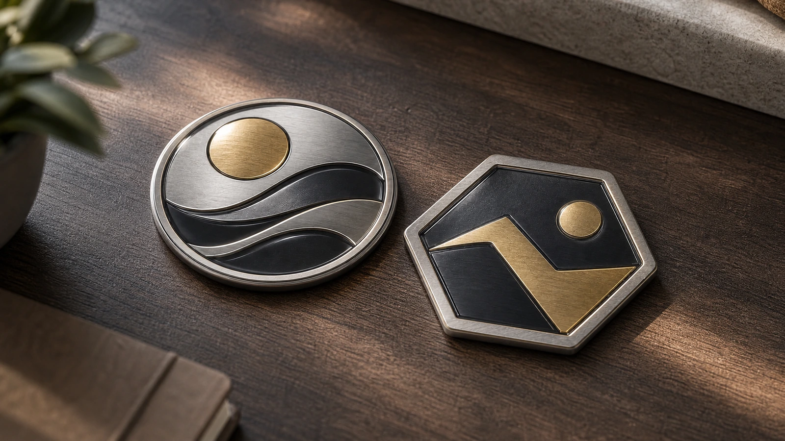 Emblema redondo com ondas e emblema hexagonal preto e dourado apoiados em uma prateleira de madeira