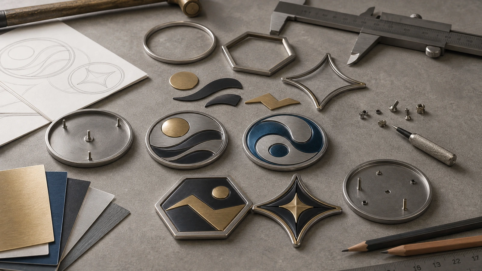 Desenhos de emblemas redondos, hexagonais e de quatro pontas com aspecto metálico, dispostos com esboços, ferramentas e amostras de cor