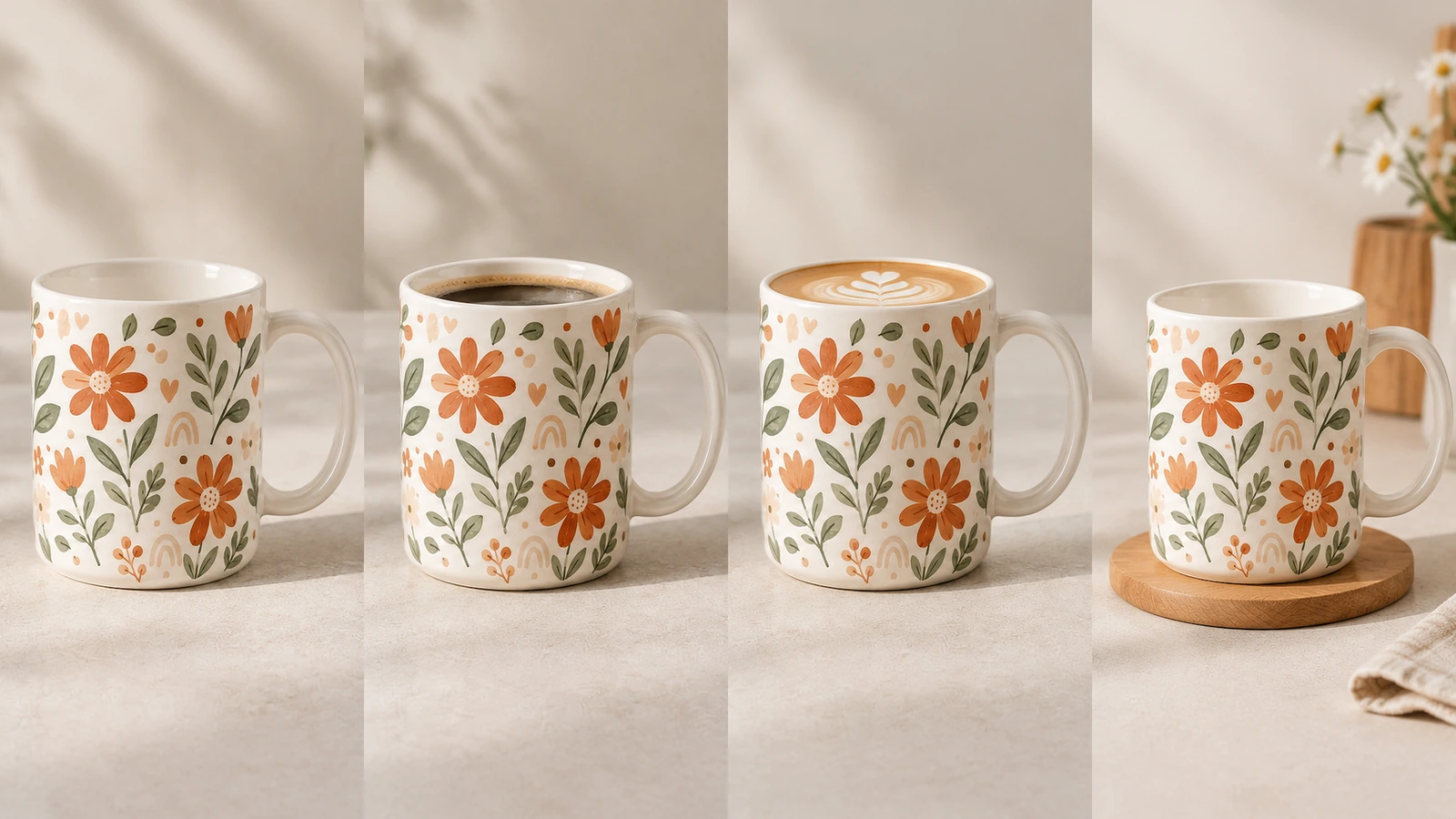 4 vistas lado a lado de uma caneca floral, incluindo café escuro e uma bebida com espuma