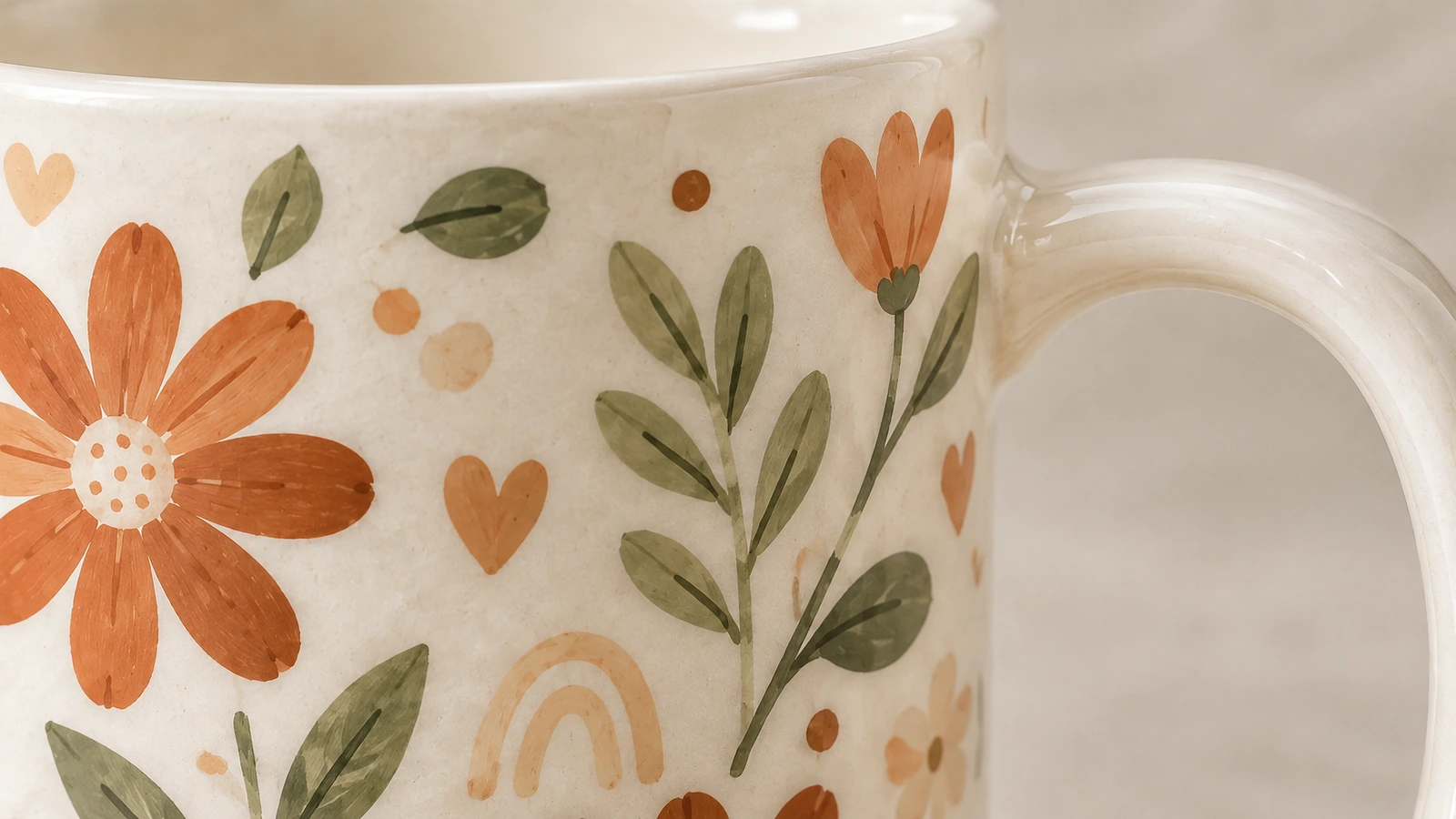 Close-up de flores laranja, folhas verdes e uma alça curva em uma caneca de cerâmica