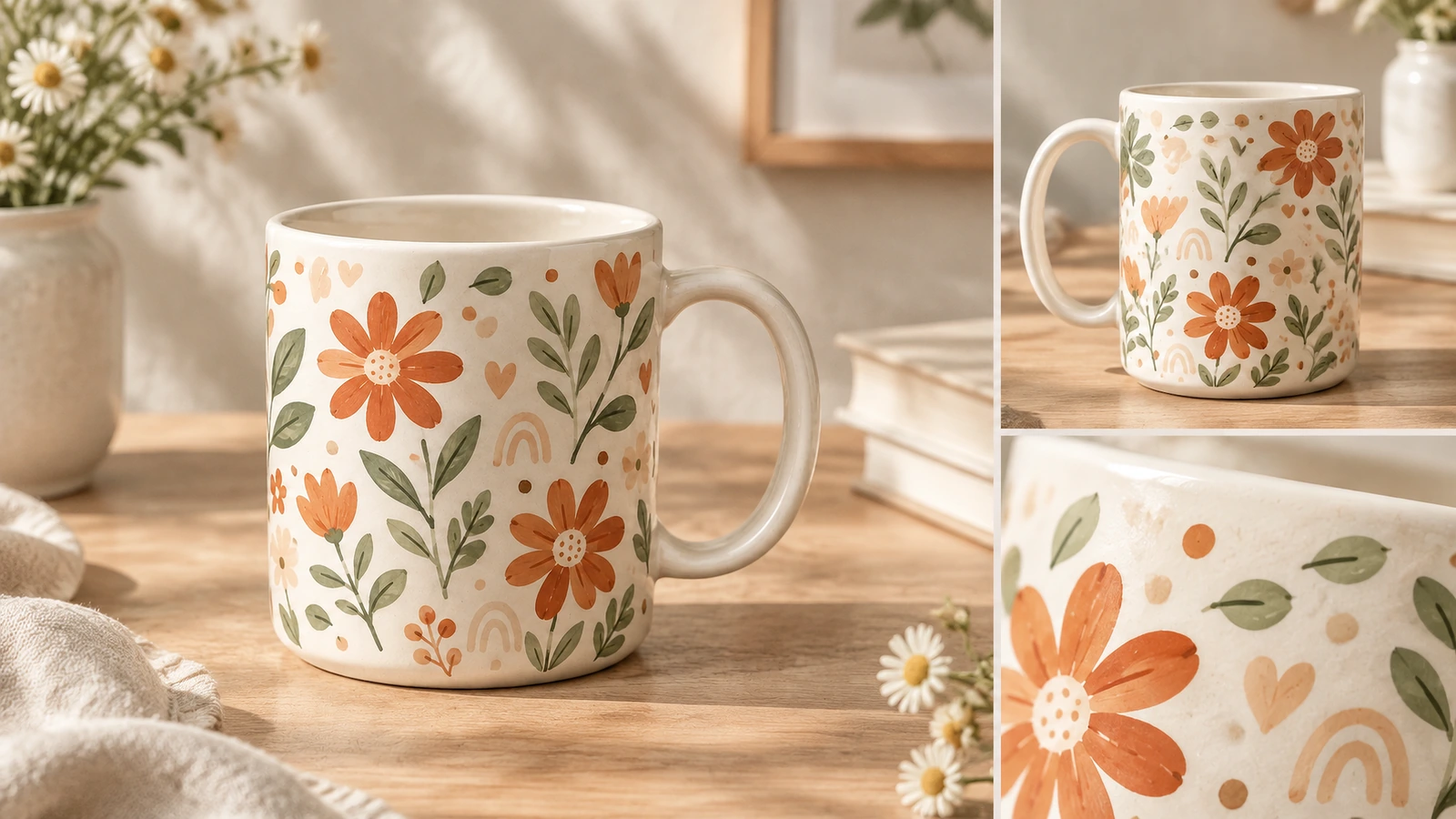 Colagem de vistas de caneca de cerâmica floral e detalhes de close da decoração