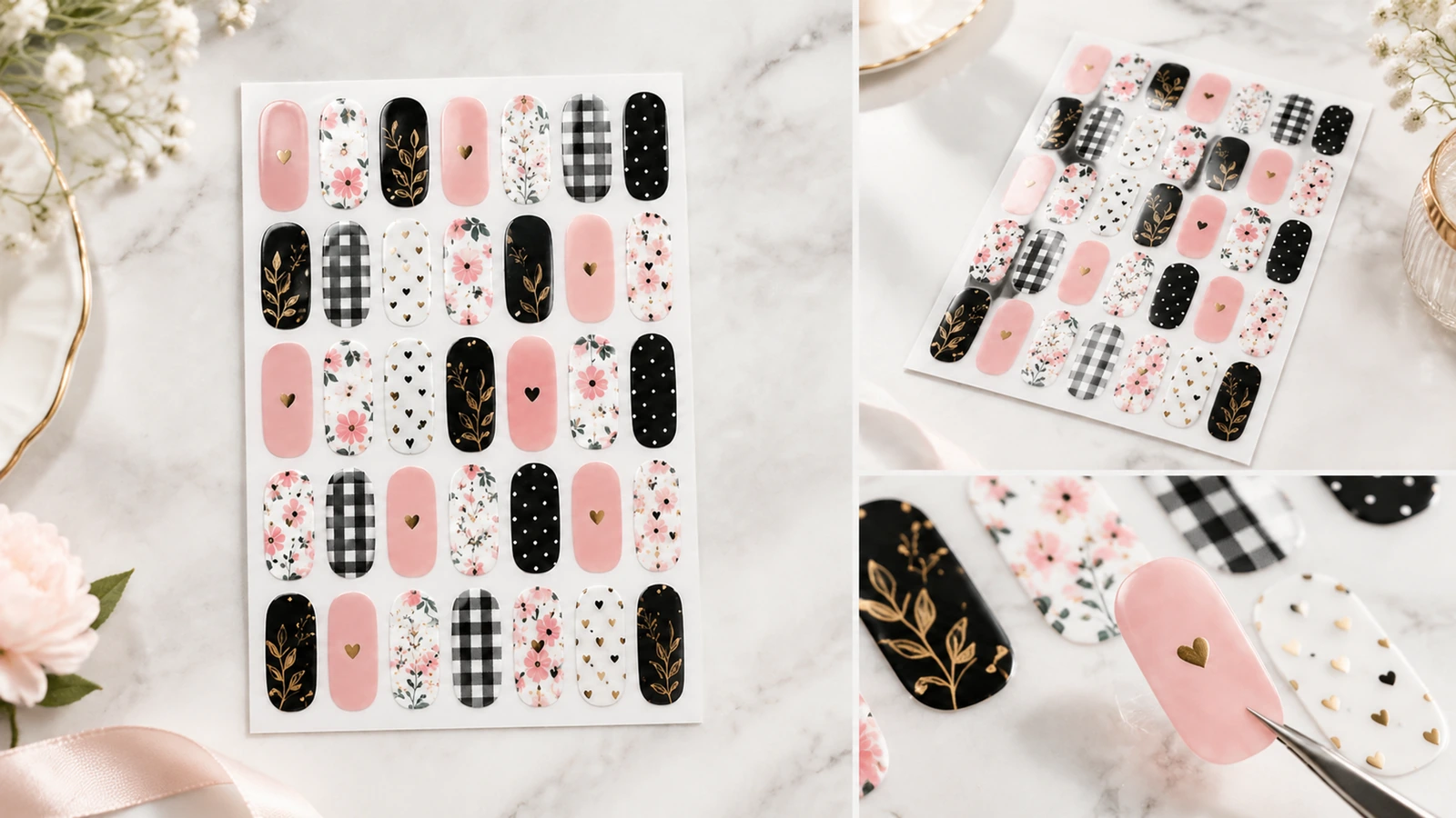 Colagem de folhas de desenhos para unhas com um close de uma amostra segurada por pinça