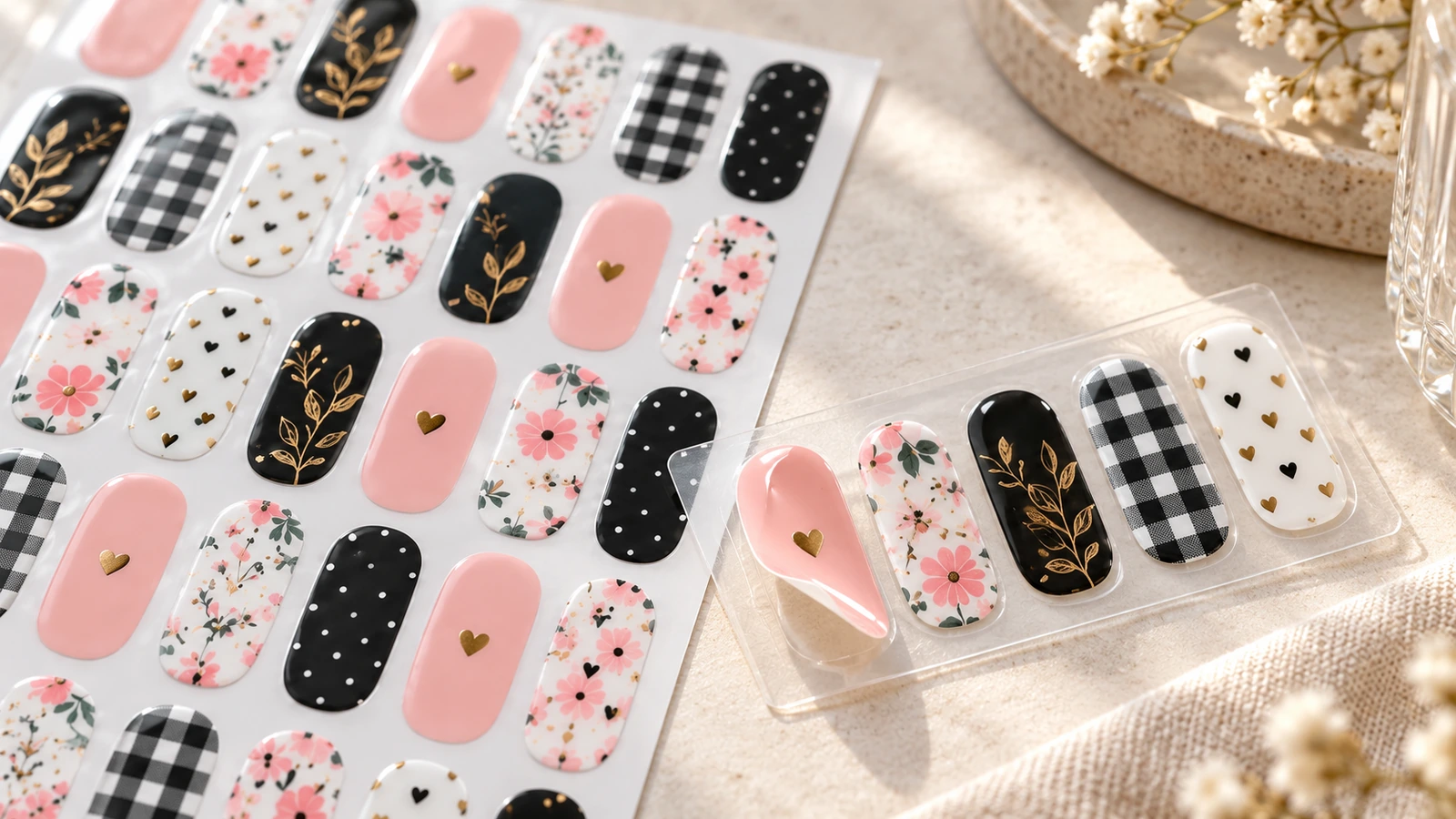 Folha de desenhos para unhas ao lado de um expositor transparente com cinco amostras de unhas decoradas