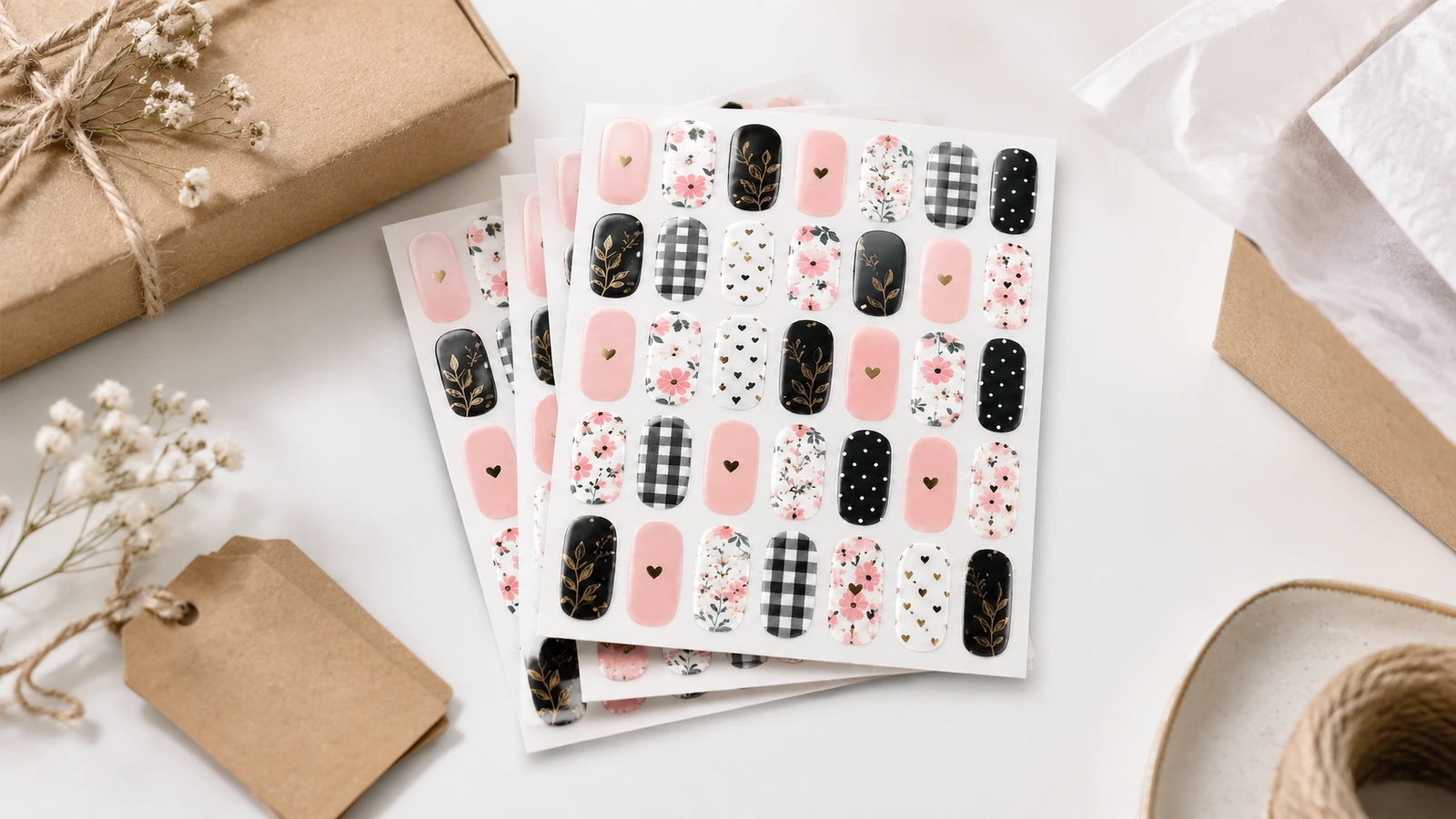Folhas de desenhos para unhas empilhadas ao lado de embalagem kraft e papel de seda