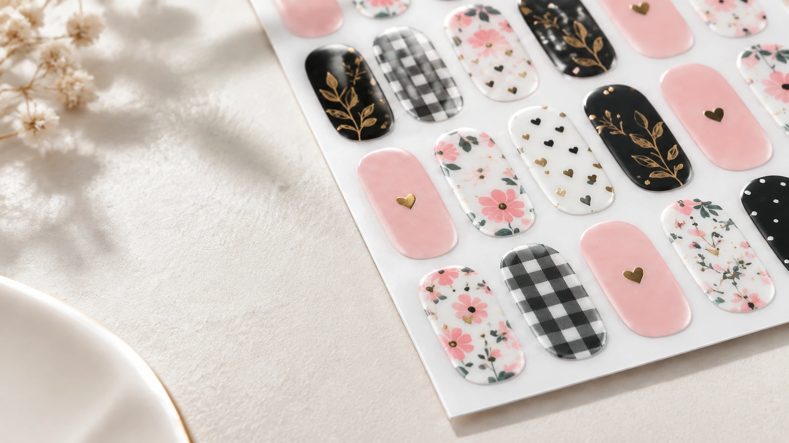 Vista aproximada de desenhos para unhas com motivos florais, xadrez vichy e detalhes dourados sobre uma folha de suporte