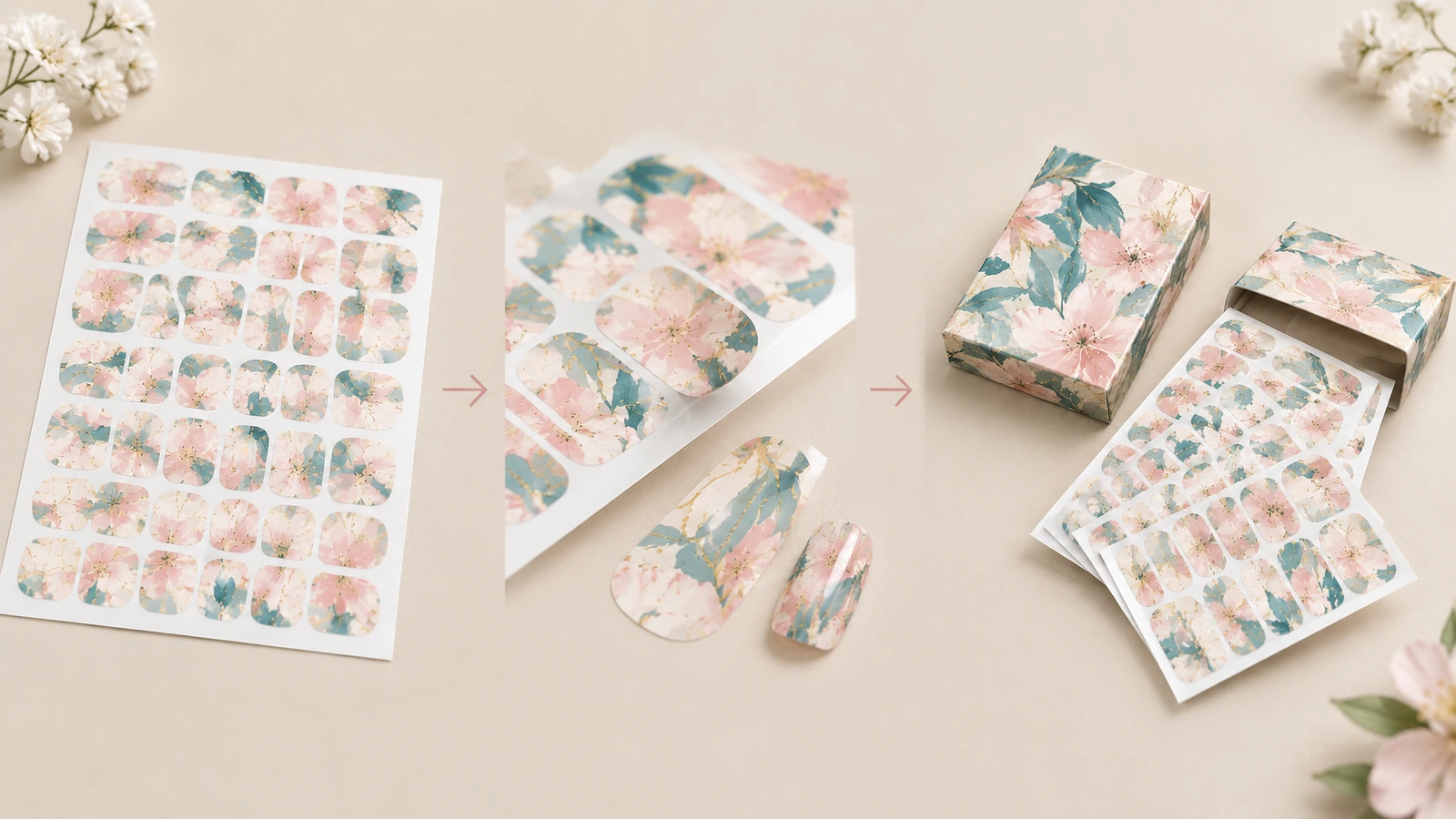 Sequência de folha de wrap de unha floral e embalagem Sequência ilustrada de uma folha de wrap floral, wraps selecionados e folhas em caixa
