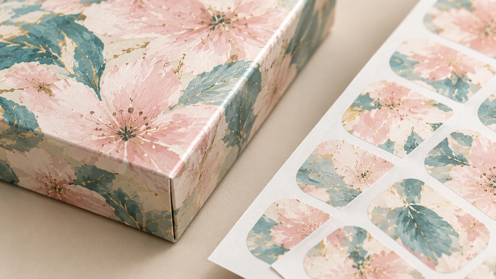 Detalhe da impressão do wrap floral e da embalagem Close-up de folhas de wraps de unha florais ao lado do canto de uma caixa impressa correspondente