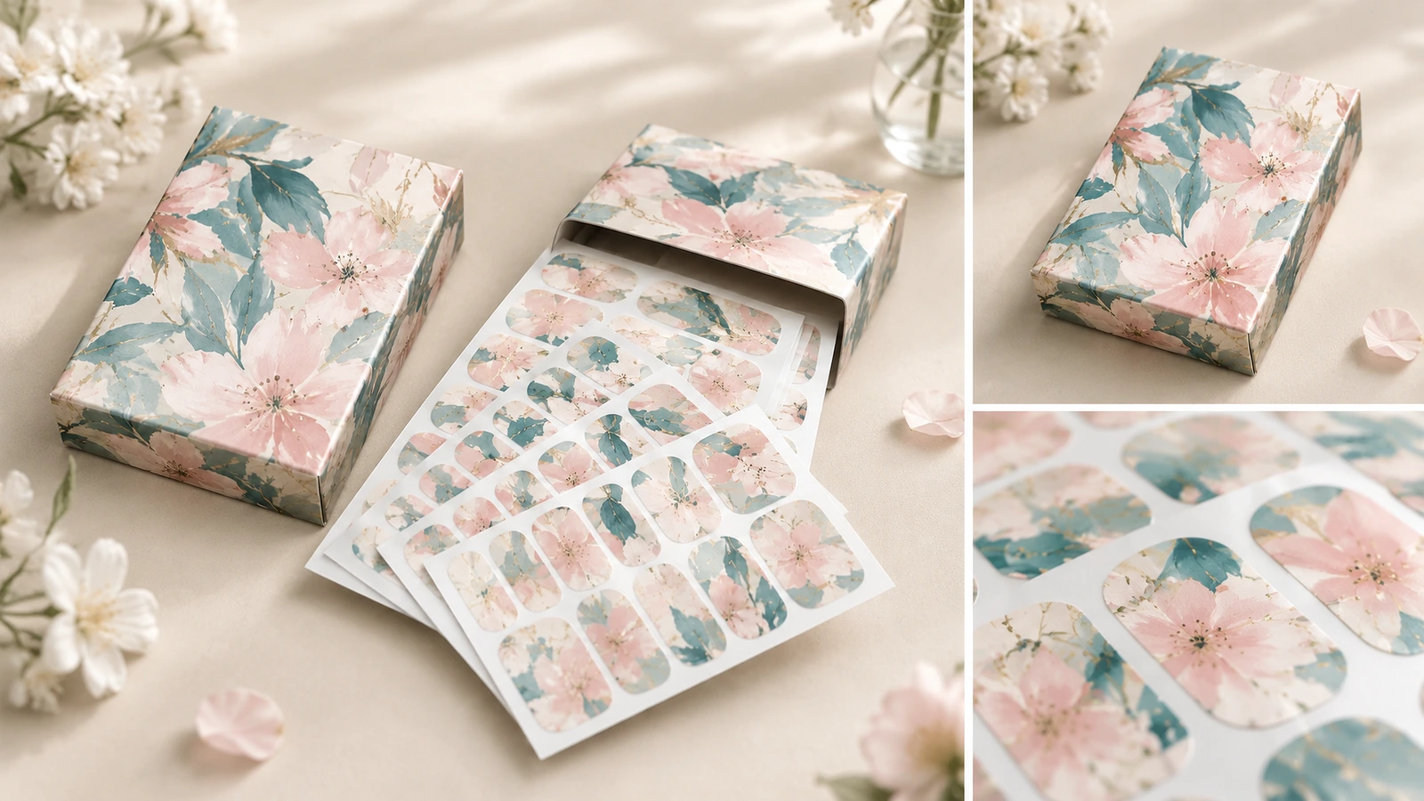 Colagem de produto de wraps de unha florais e embalagem Colagem de folhas de wraps de unha florais, uma caixa impressa fechada e detalhes em close dos wraps