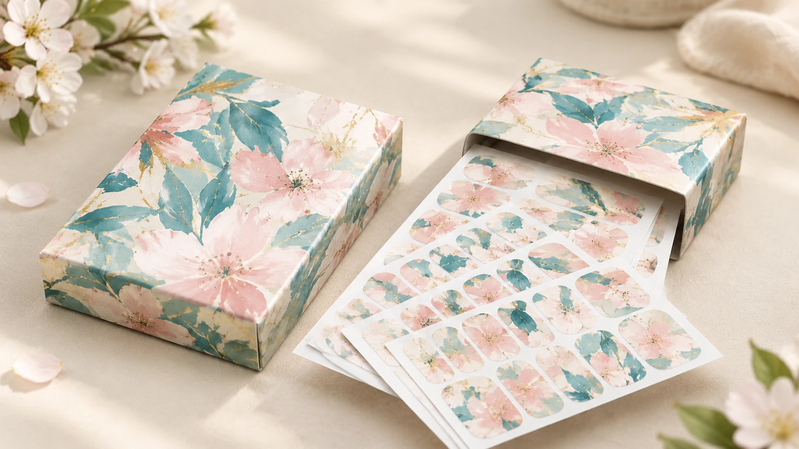 Folhas de wraps de unha impressas e caixas Folhas de wraps de unha florais exibidas fora de caixas impressas correspondentes