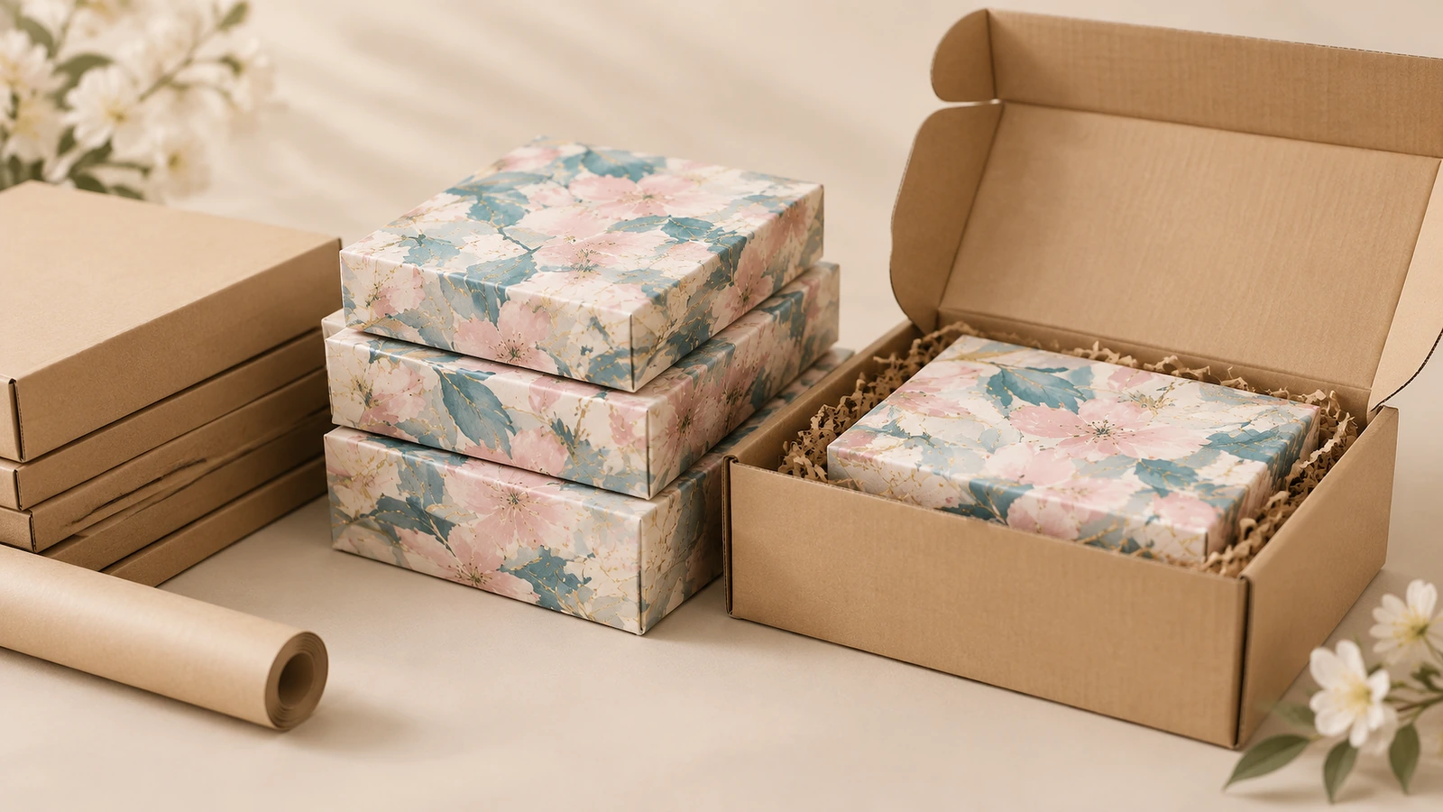 Caixas de wraps de unha e envelope de envio protetor Caixas de produtos florais empilhadas ao lado de um envelope de envio kraft aberto, com calço de papel