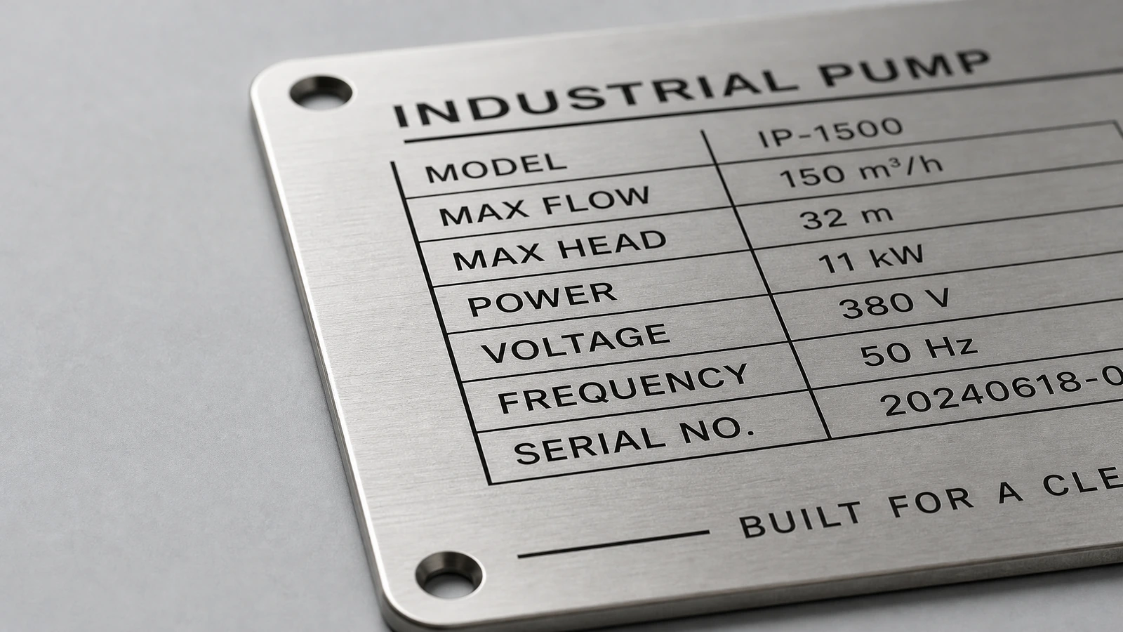 Close-up de uma placa de identificação de bomba industrial mostrando dados do equipamento, letras escuras e furos de fixação nos cantos