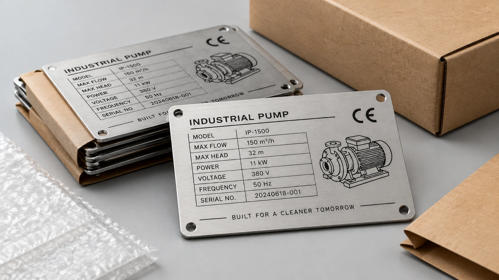 Placas de identificação de bombas industriais empilhadas, com intercalação protetora, ao lado de embalagem de papelão e plástico-bolha