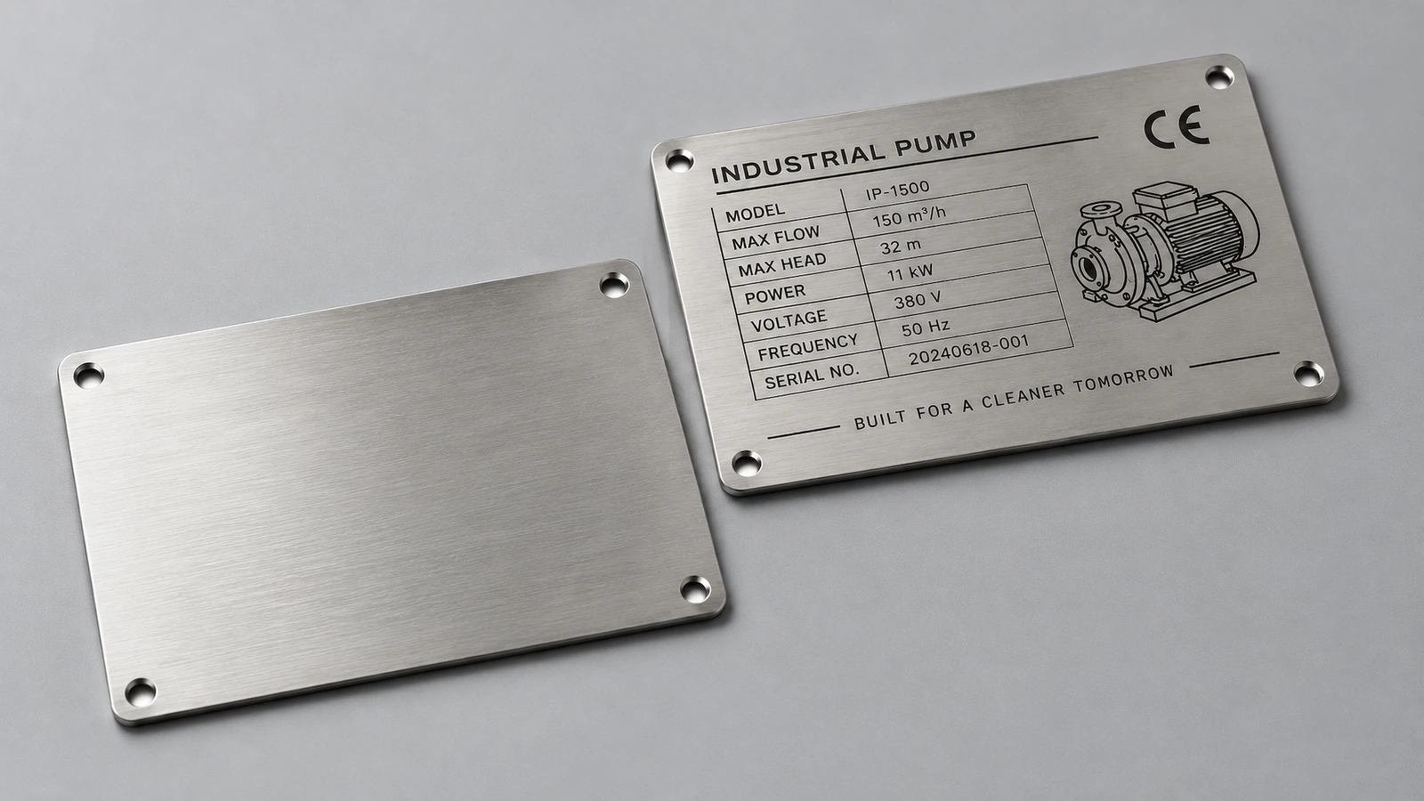 Placa de metal escovado em branco ao lado de uma placa de identificação de bomba industrial já marcada, ambas com quatro furos de fixação nos cantos