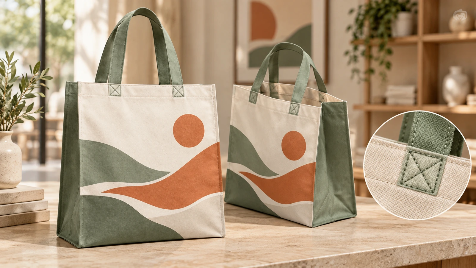 Duas sacolas tote com estampa de paisagem e um detalhe ampliado da costura da alça em box-X