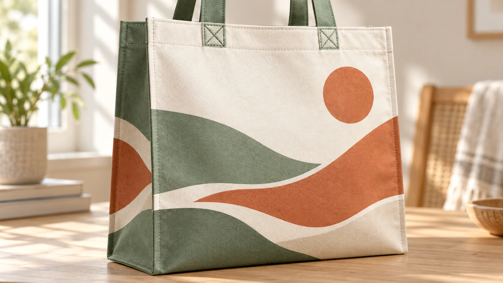 Sacola tote com estampa de paisagem apoiada sobre uma mesa de madeira