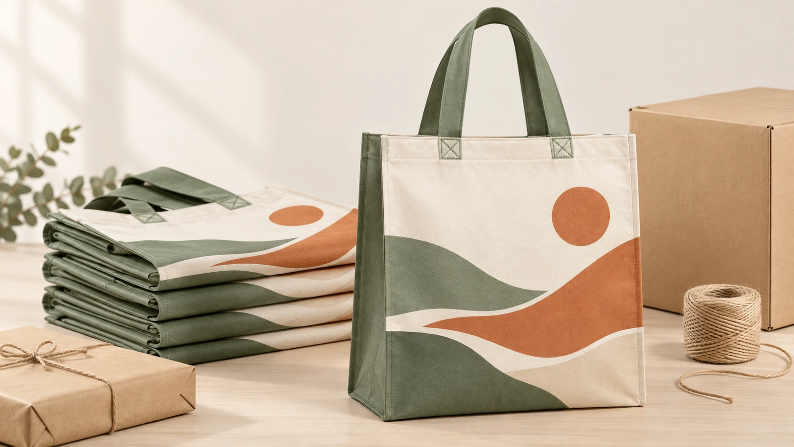 Sacola tote com estampa de paisagem em pé e sacolas dobradas ao lado de uma caixa de papelão e barbante