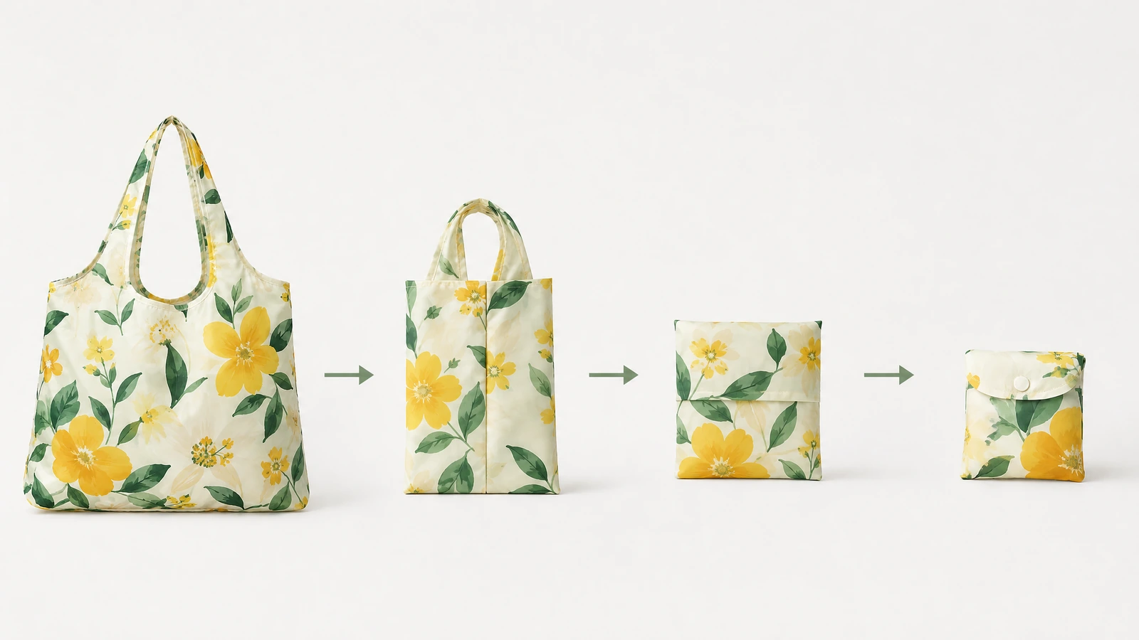 Ilustração em quatro etapas mostrando uma sacola floral dobrada até virar uma bolsinha compacta