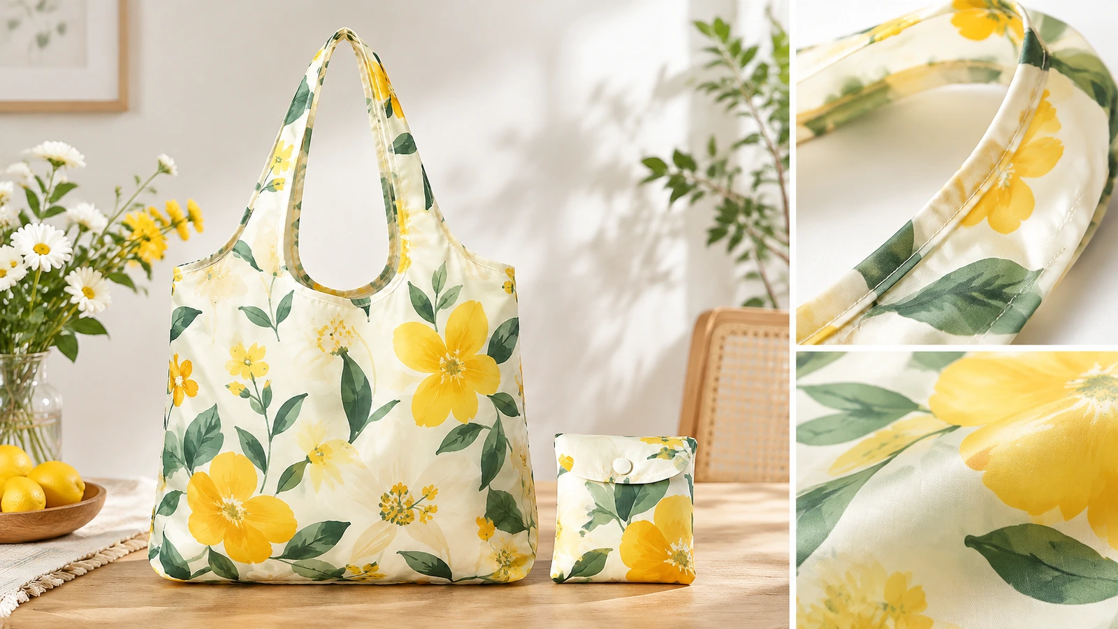 Colagem de uma sacola floral amarela e bolsinha, com close-ups da alça e do tecido