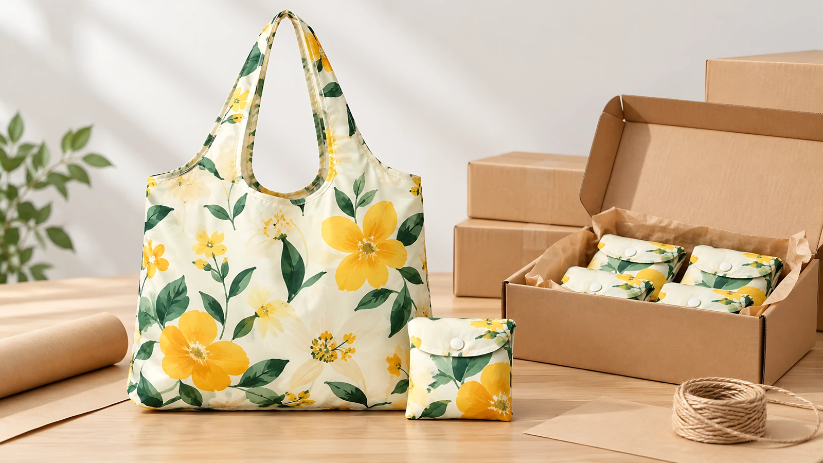 Sacolas florais amarelas e bolsinhas dobradas ao lado de uma caixa de papelão aberta e materiais de embalagem