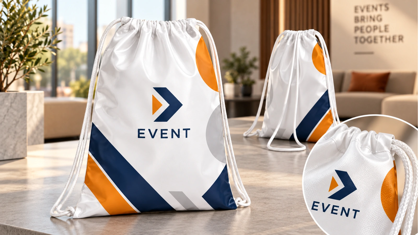 Exposição de bolsas para evento e detalhe do fechamento Bolsas com cordão para evento expostas em ambiente interno, com detalhe ampliado do fechamento