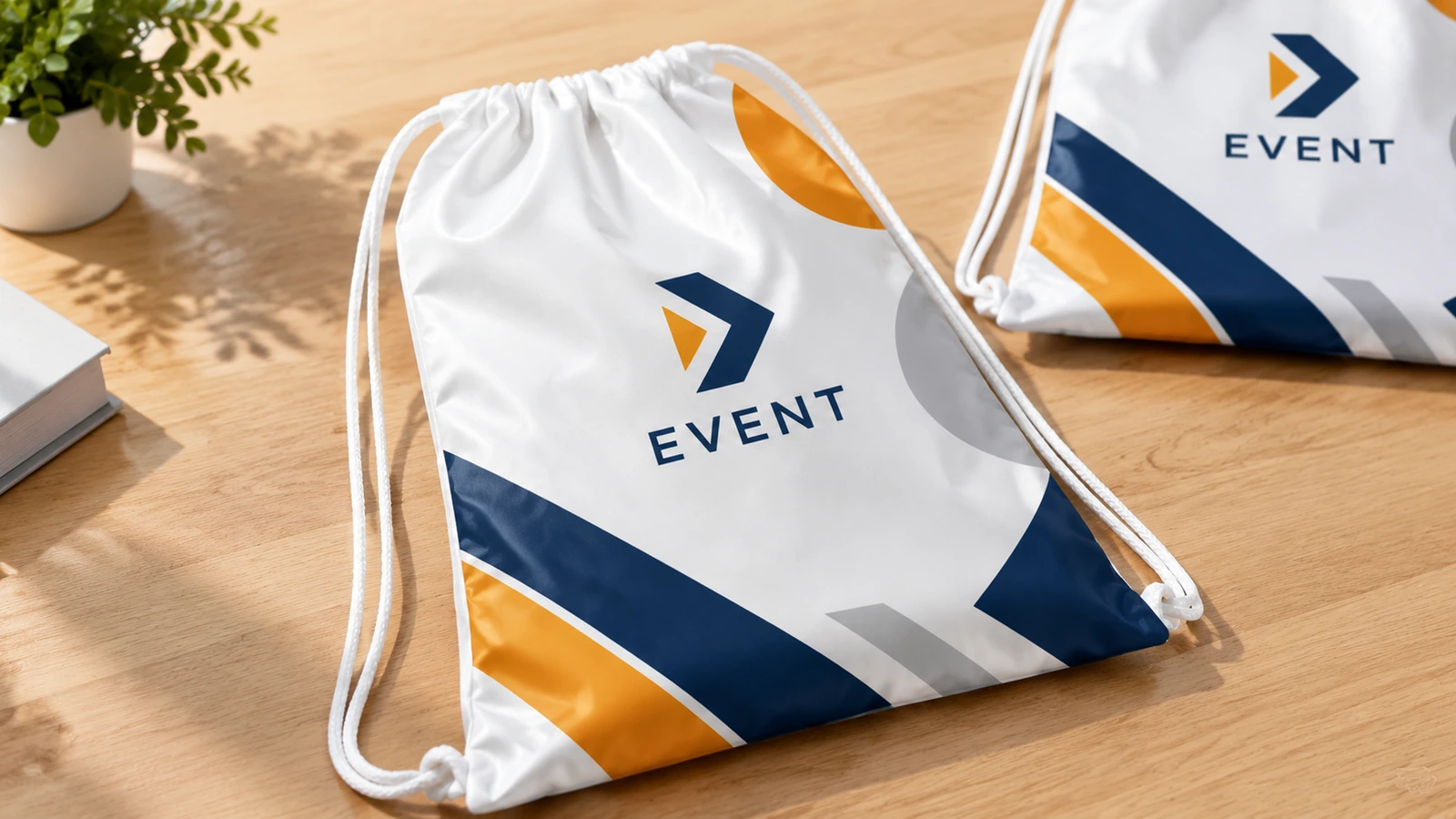 Bolsas com cordão para evento sobre uma mesa Duas bolsas brancas com cordão para evento sobre uma mesa de madeira