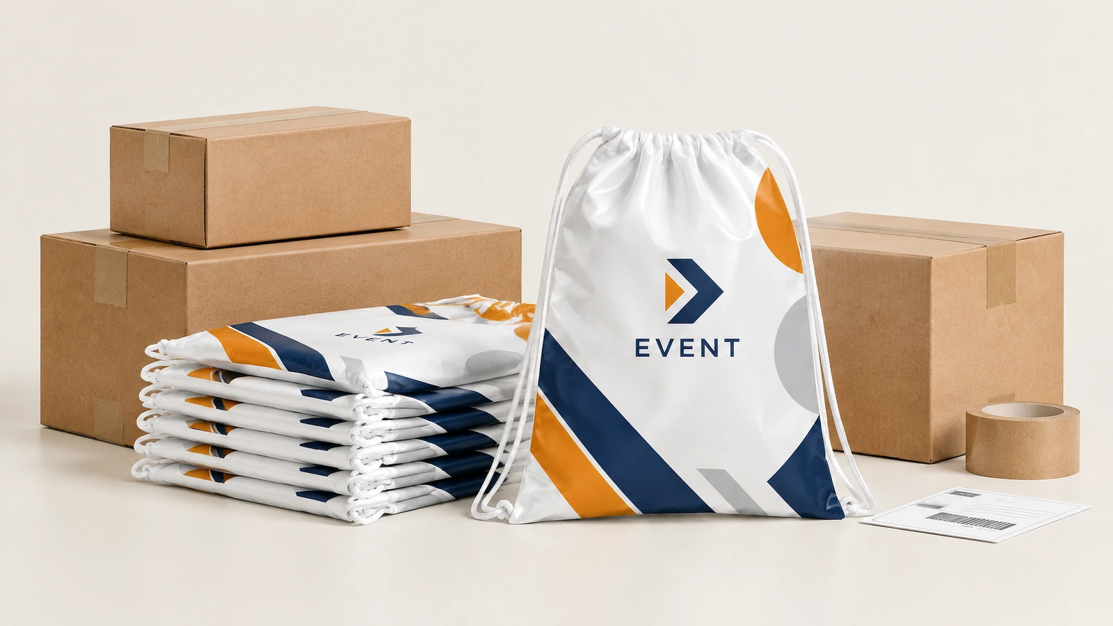 Bolsas com cordão e caixas Bolsas com cordão empilhadas e uma bolsa impressa em pé ao lado de caixas de papelão lisas