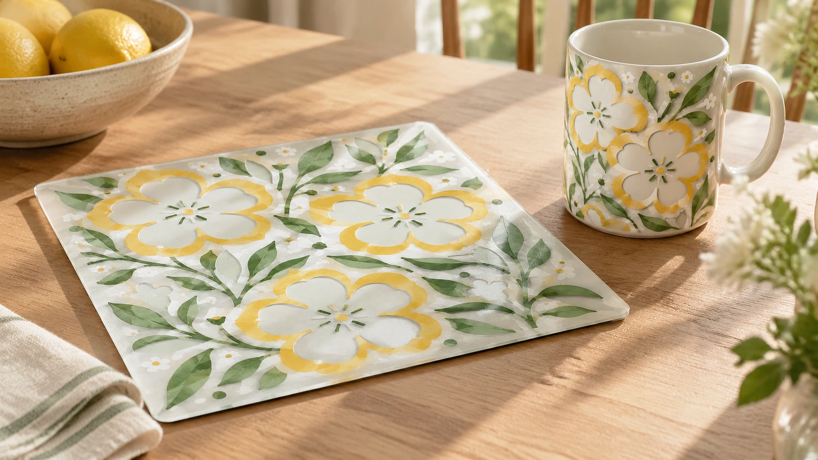 Desenho floral exibido com uma caneca correspondente Folha com padrão floral ao lado de uma caneca correspondente sobre uma mesa de madeira