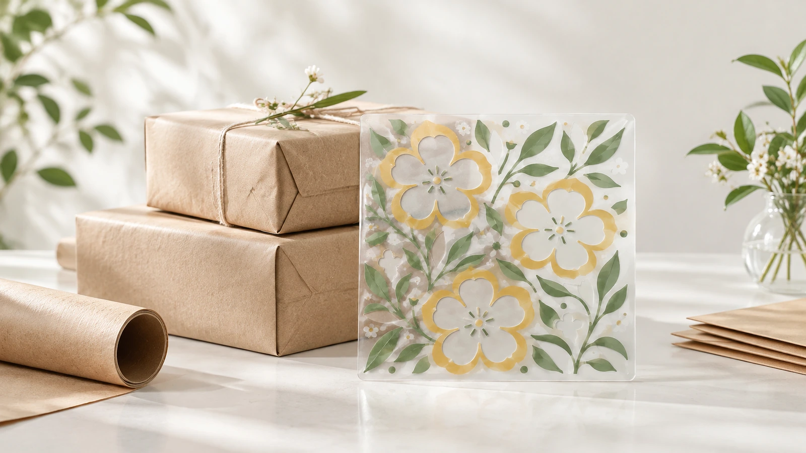Exibição de folha floral e embalagem de presente Folha transparente com padrão floral ao lado de caixas de presente de papel kraft e um tubo de papelão