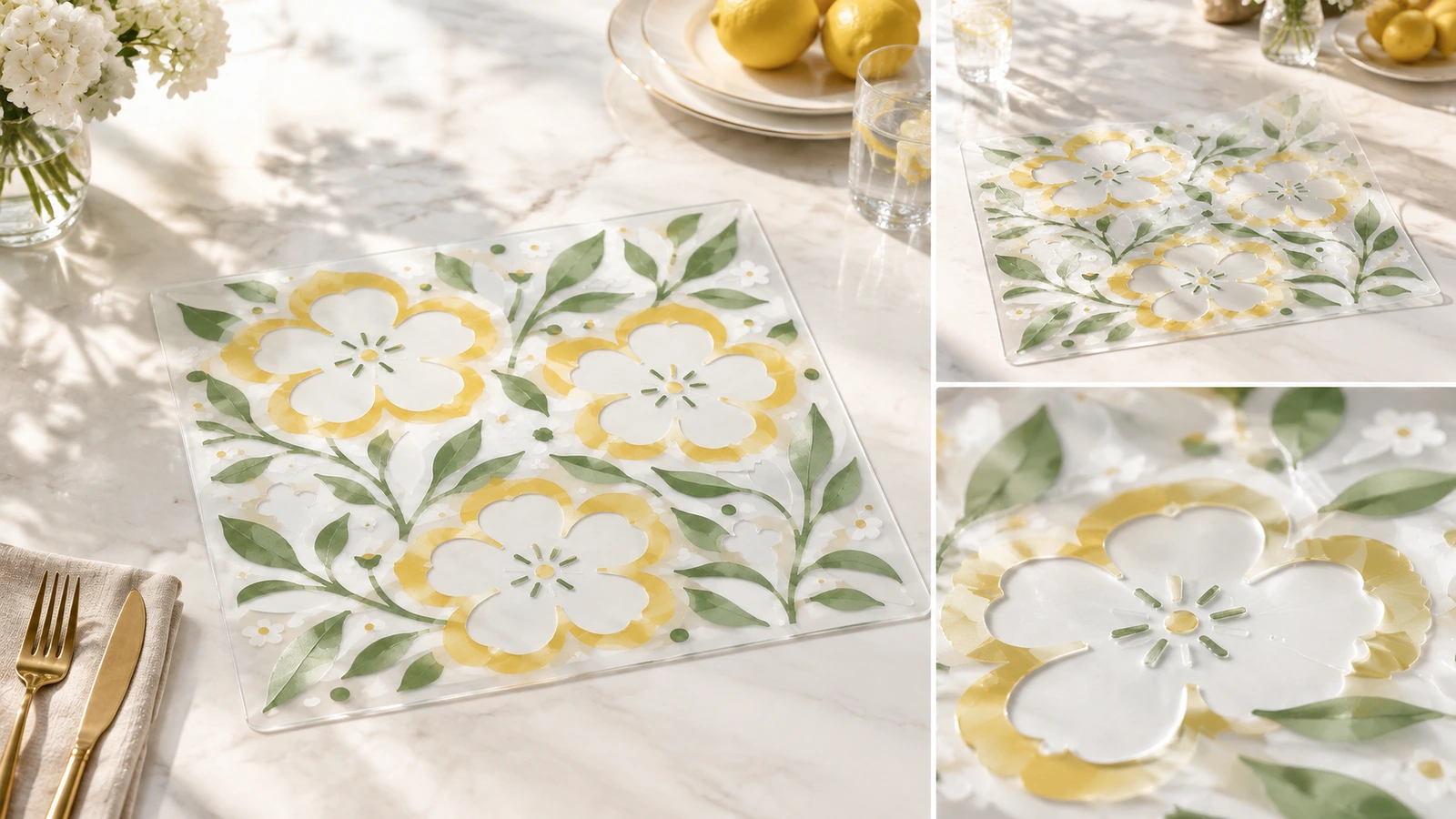 Exibição floral sobre mesa e colagem de detalhes Colagem de uma folha com padrão floral sobre uma mesa de jantar e um detalhe em close de uma flor