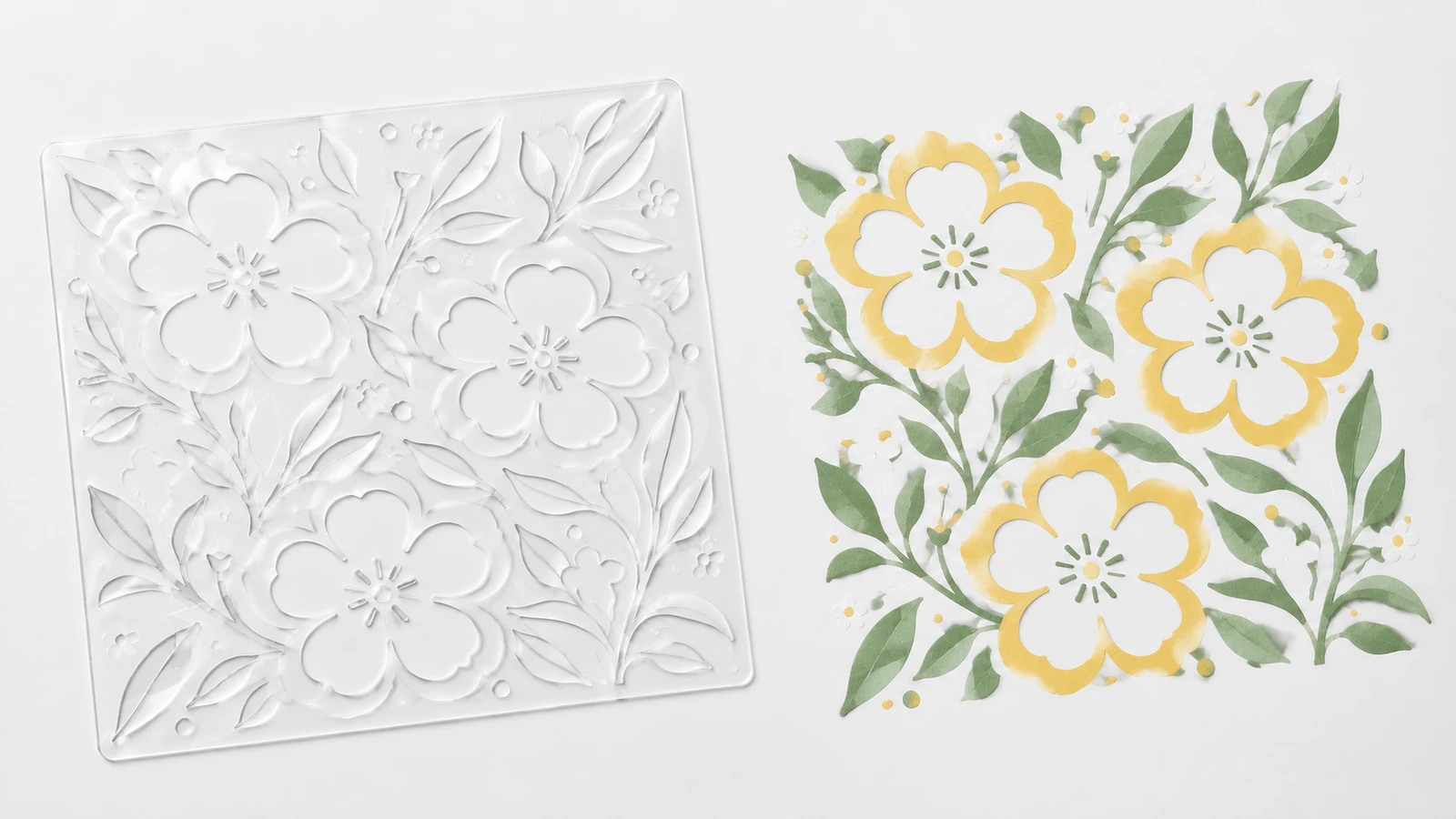 Estêncil floral e desenho pintado correspondente Estêncil floral sem pintura ao lado de um desenho floral amarelo e verde correspondente