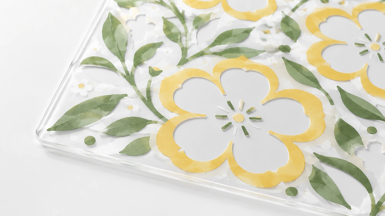 Detalhe de padrão floral em uma folha transparente Close-up de um padrão floral amarelo e verde em uma folha transparente