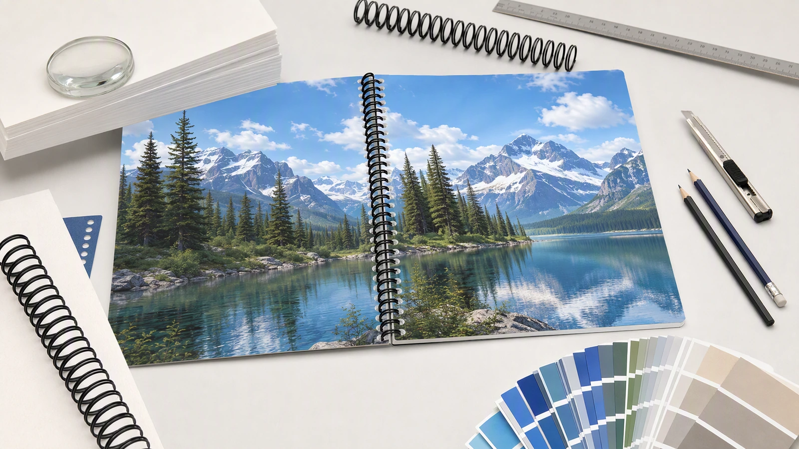Ilustração de caderno com design de lago aberto ao lado de uma régua, ferramentas de desenho, amostras de cor e espirais soltas de encadernação