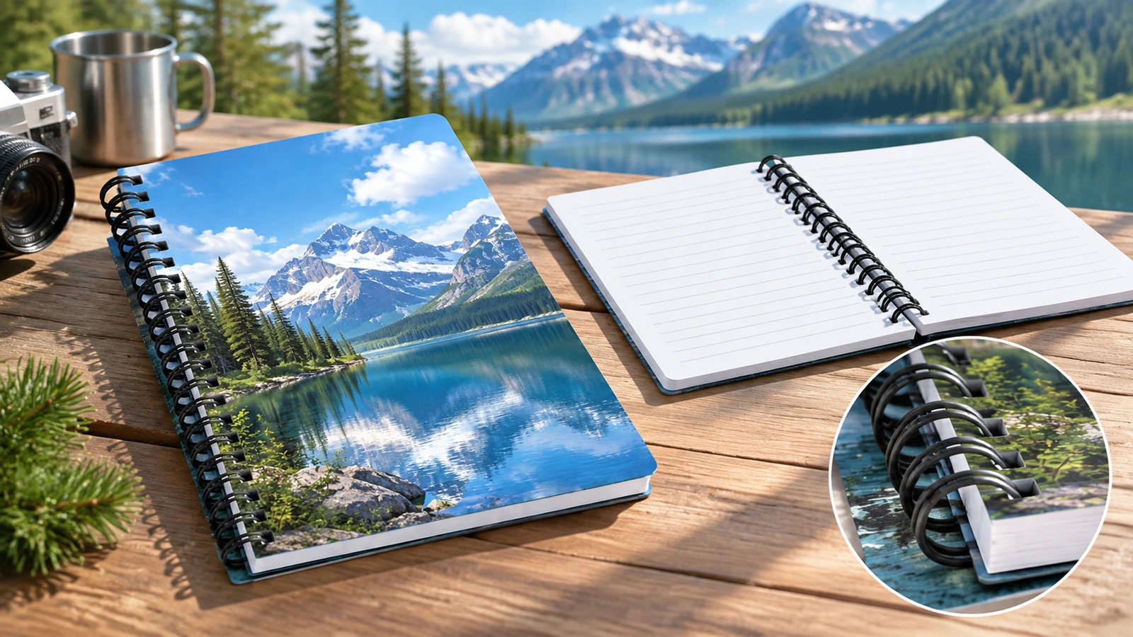 Ilustração de um caderno com design de lago e um caderno pautado aberto ao ar livre, com um detalhe da encadernação em destaque