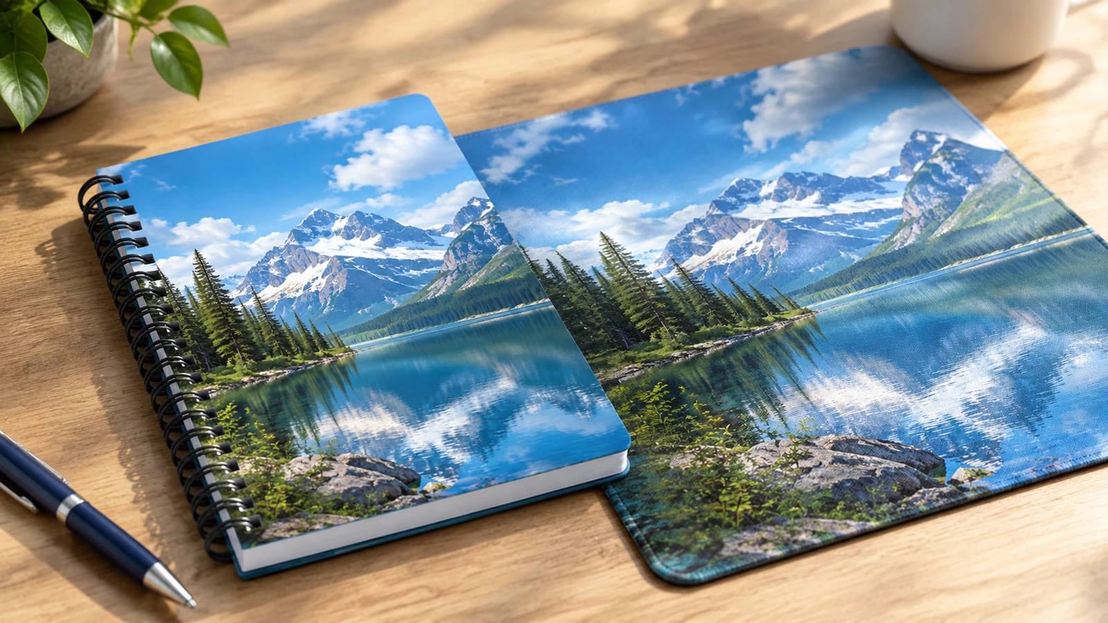 Ilustração de um caderno fechado com design de lago ao lado de uma página aberta com paisagem sobre uma mesa
