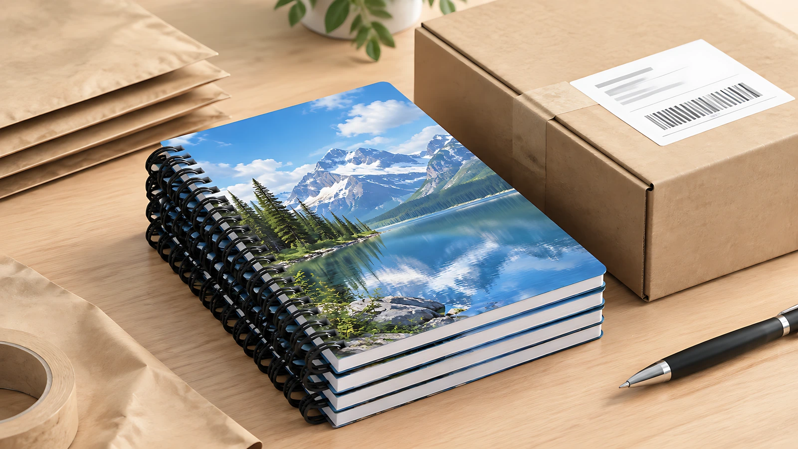 Ilustração de uma pilha de cadernos com design de lago ao lado de uma caixa de papelão etiquetada e envelopes kraft