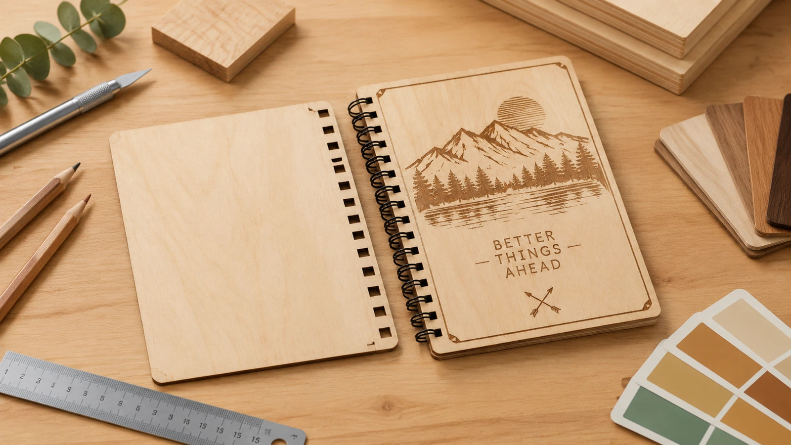 Caderno gravado e capa em branco Caderno de madeira compensada com uma cena de montanha gravada, ao lado de uma capa em branco, régua e amostras de cor