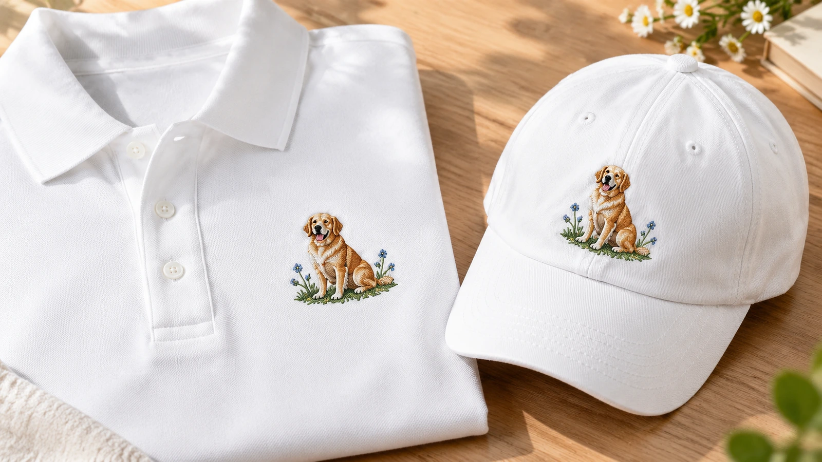 Polo branco dobrado e boné branco combinando, com bordado de cachorro sobre uma mesa de madeira