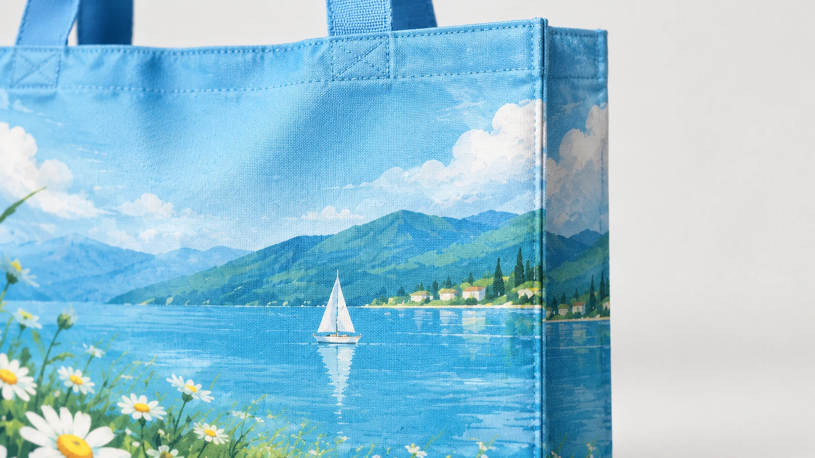 Tecido da sacola tote estampada e costura superior Close-up do tecido da sacola tote com estampa lago e margarida, da costura superior e das alças azuis