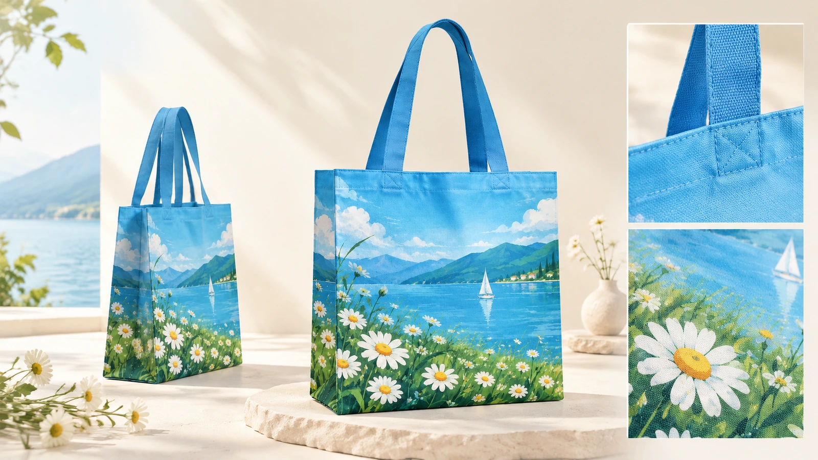 Vistas da sacola tote e detalhe das alças Duas sacolas tote azuis estampadas, com close-ups da junção das alças e do tecido floral