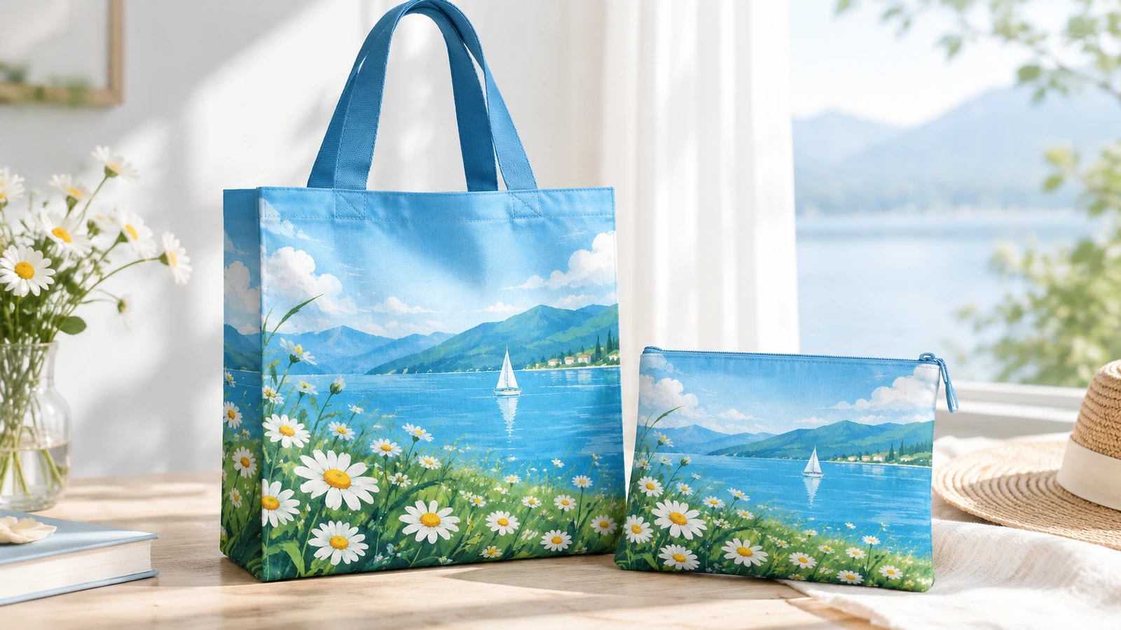 Sacola tote estampada e bolsinha combinando Sacola tote azul com estampa lago e margarida e bolsinha com zíper combinando, sobre uma mesa