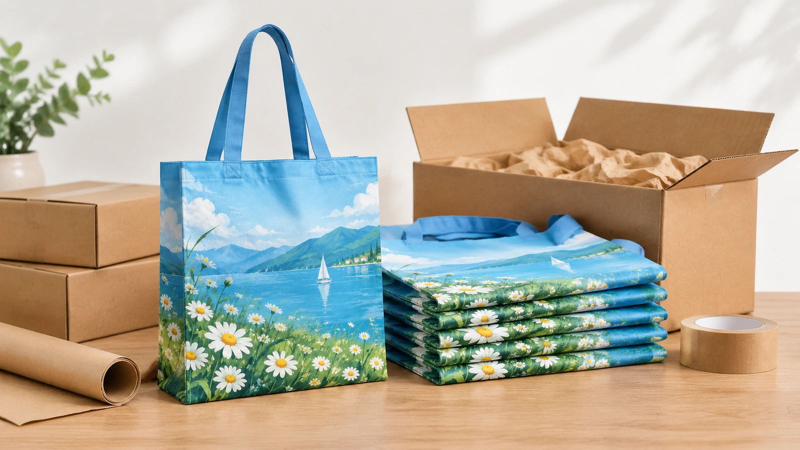 Sacolas tote estampadas ao lado de caixas de embalagem Sacola tote azul estampada e sacolas dobradas empilhadas ao lado de caixas de papelão para embalagem