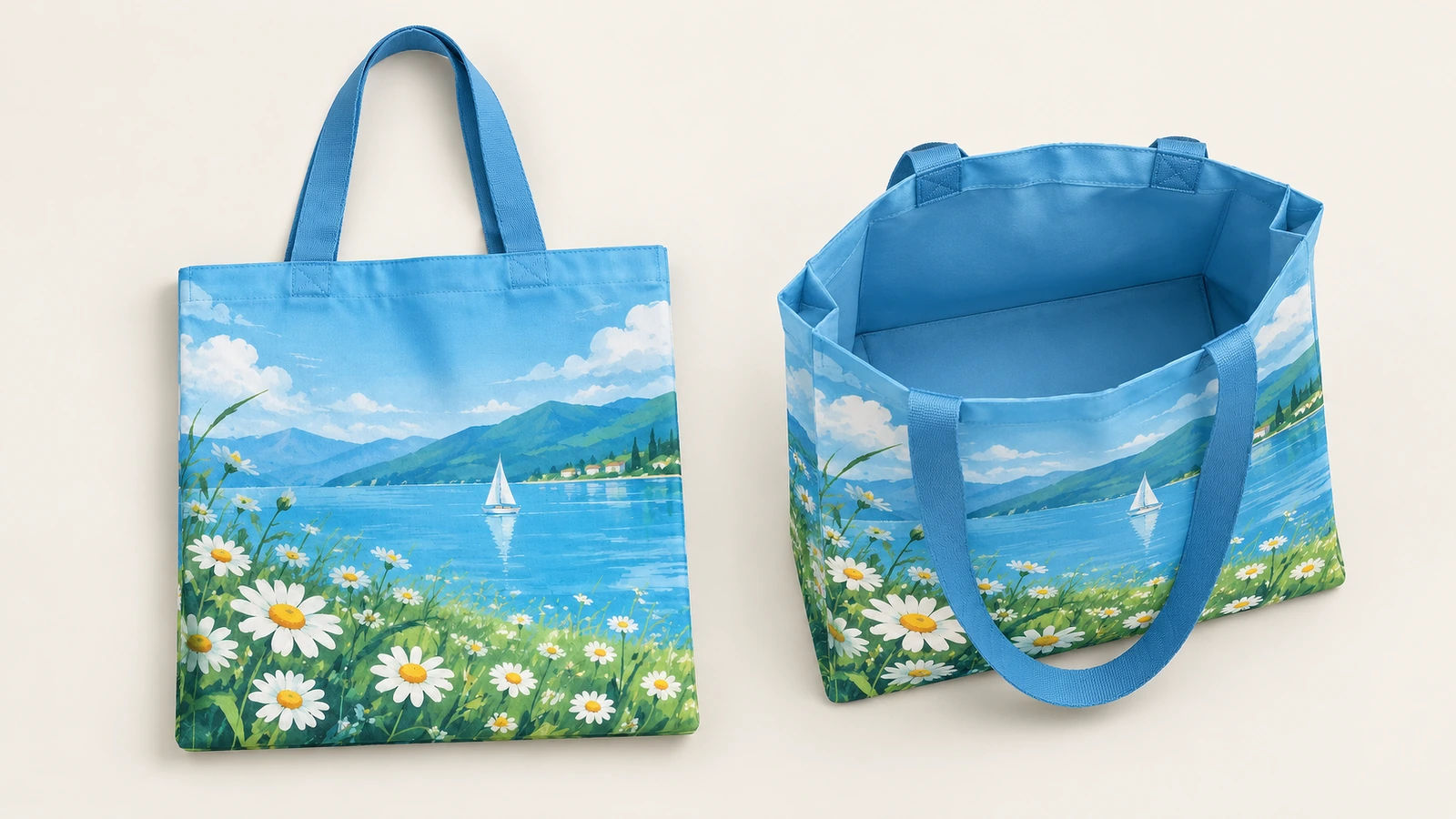 Vistas frontal e interna de sacola tote estampada Vistas frontal e superior aberta de uma sacola tote azul com estampa lago e margarida