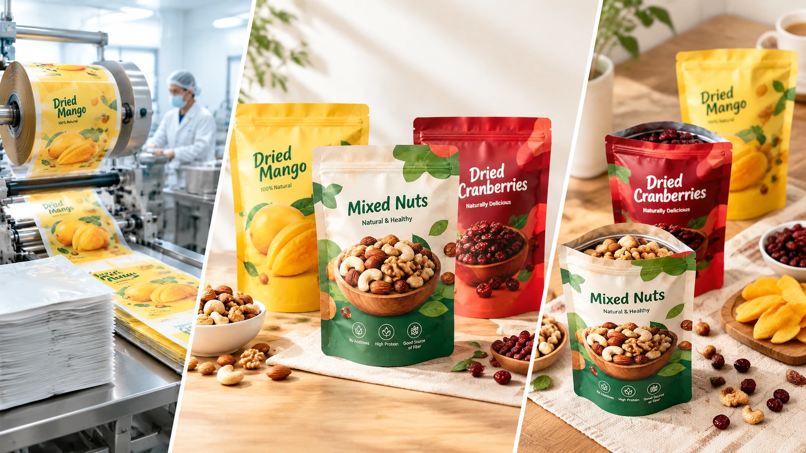 Colagem de filme impresso e bolsa acabada Colagem de uma linha de produção de filme impresso e de bolsas de snacks acabadas