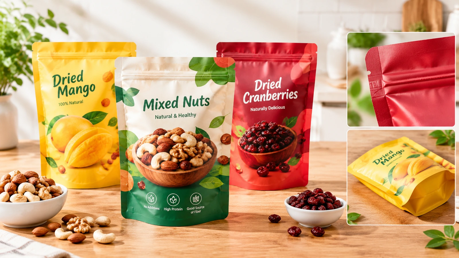 Exibição de bolsas de snacks e detalhes do fechamento Exibição de bolsas de snacks com detalhes em destaque da parte superior reselável e da base dobrada da bolsa