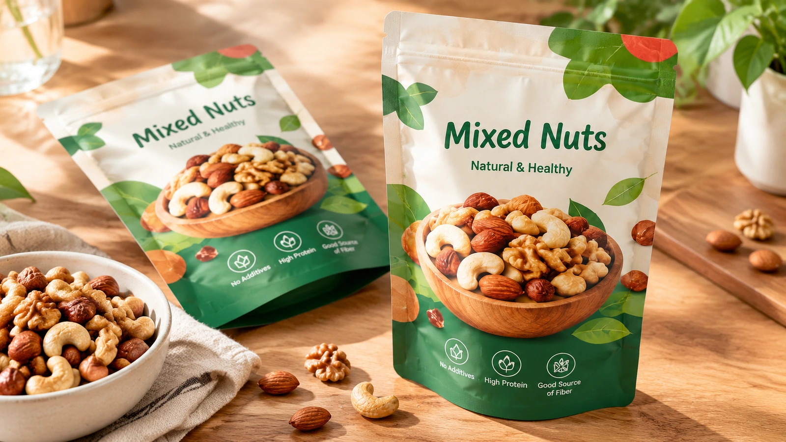 Exibição de bolsas de mix de castanhas Bolsas de mix de castanhas em pé e planas ao lado de uma tigela de castanhas